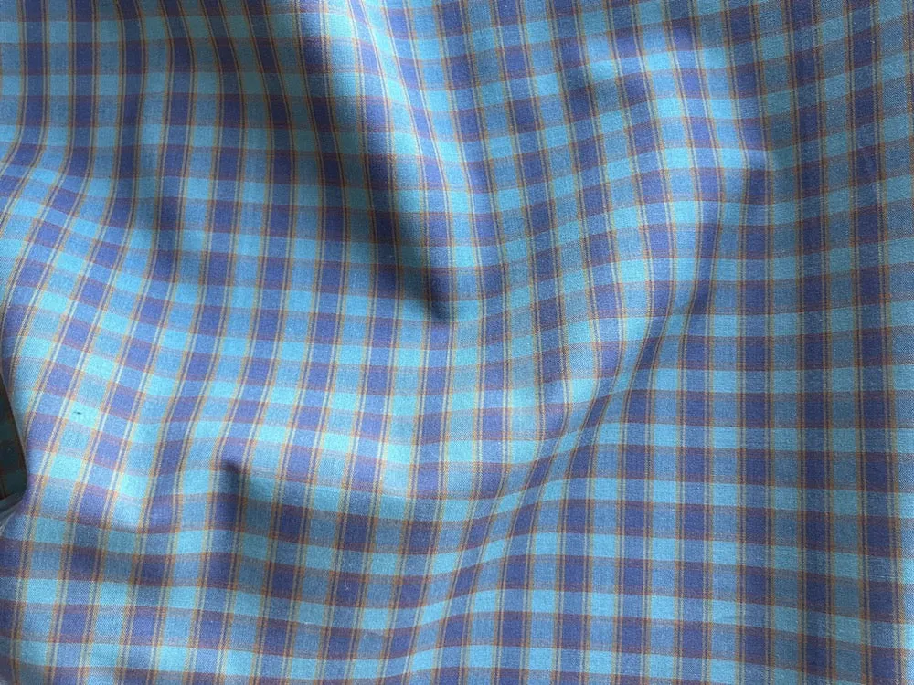 Picnic Basket Denim Blue & Pumpkin Plaid Cotton Shirting