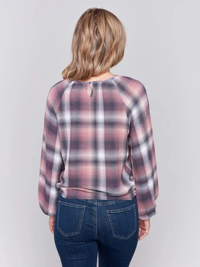 PLAID TIE FRONT BLOUSE