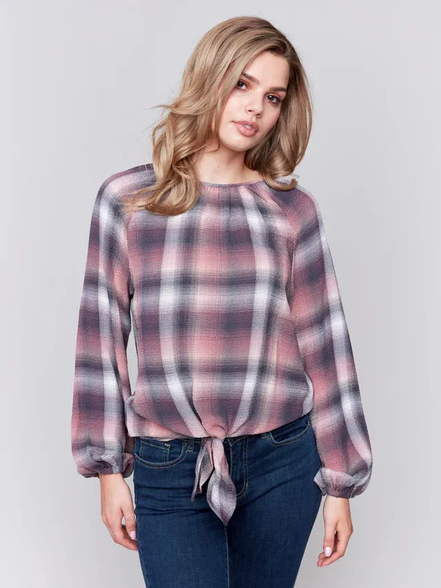 PLAID TIE FRONT BLOUSE