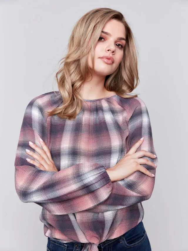 PLAID TIE FRONT BLOUSE