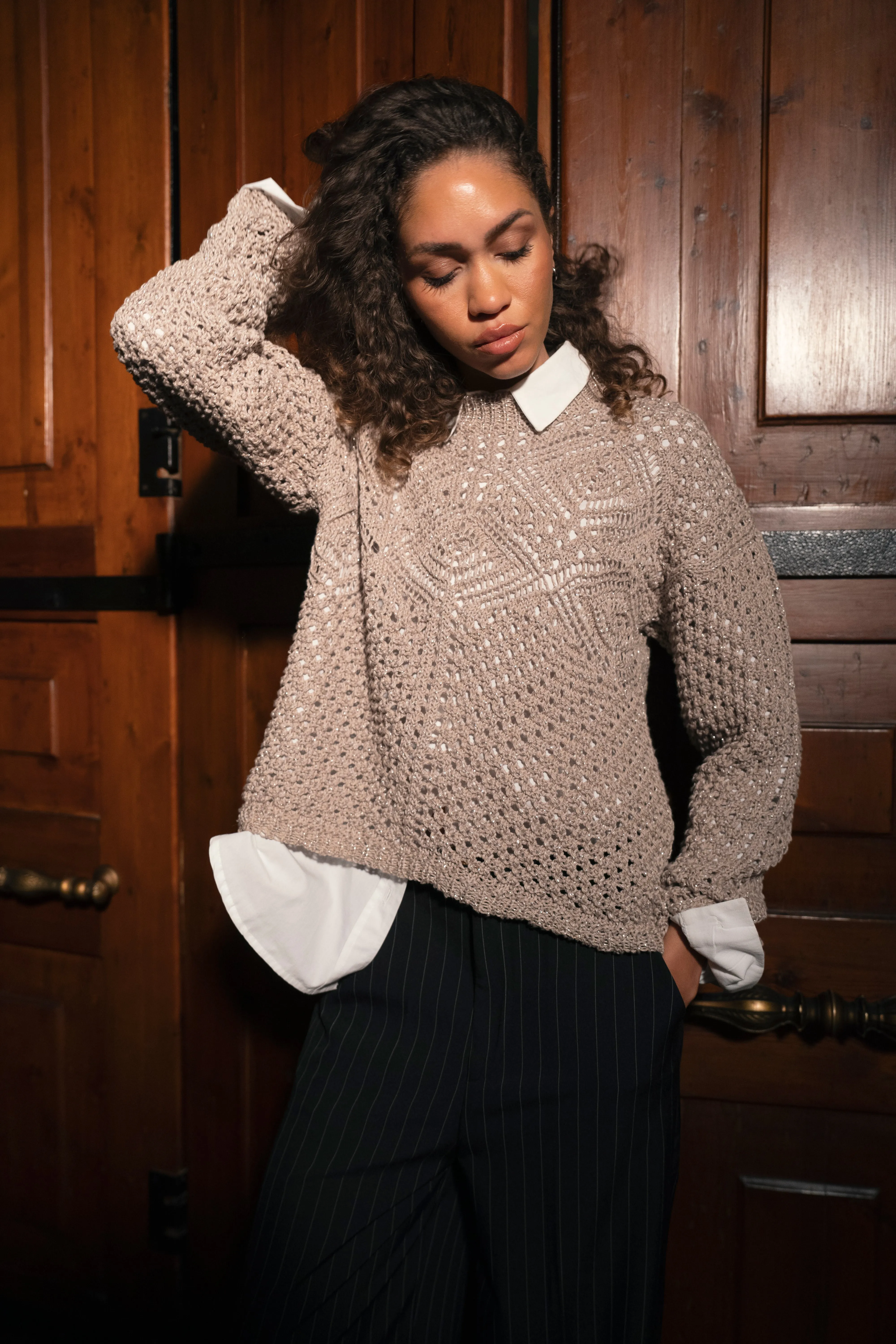 POINTELLE KNIT PULLOVER-CAFE