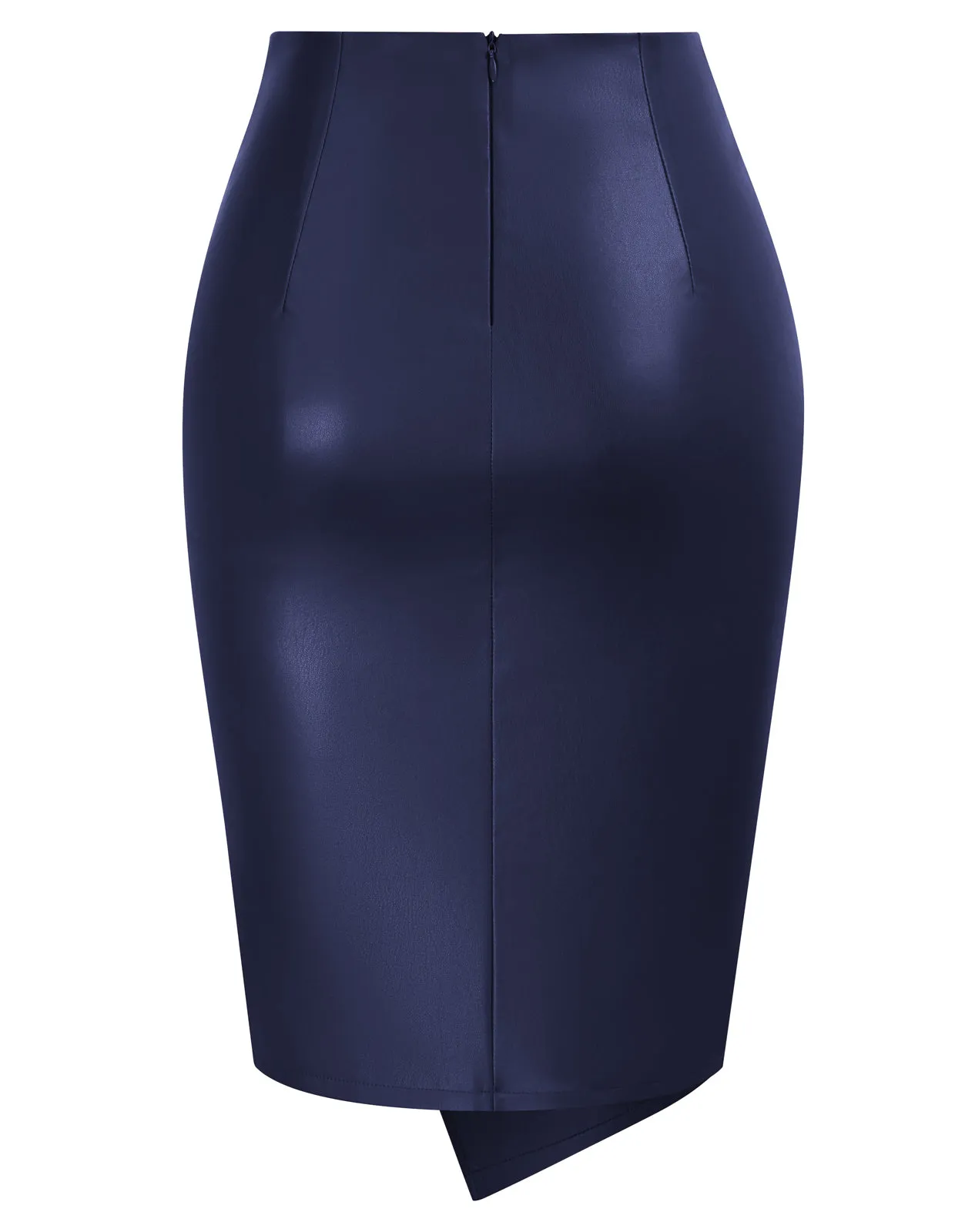 PU Leather Pencil Skirt Knee Length Knot-Front Hips-Wrapped Skirt