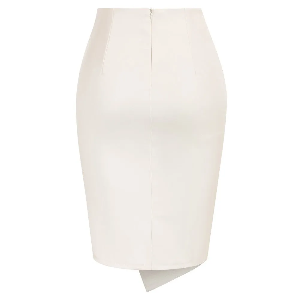 PU Leather Pencil Skirt Knee Length Knot-Front Hips-Wrapped Skirt