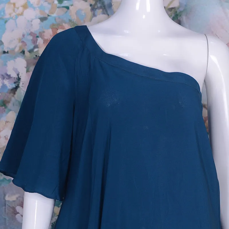 Real Silk Short Sleeve One Shoulder Loose Oversized Flare Beach Casual Dress