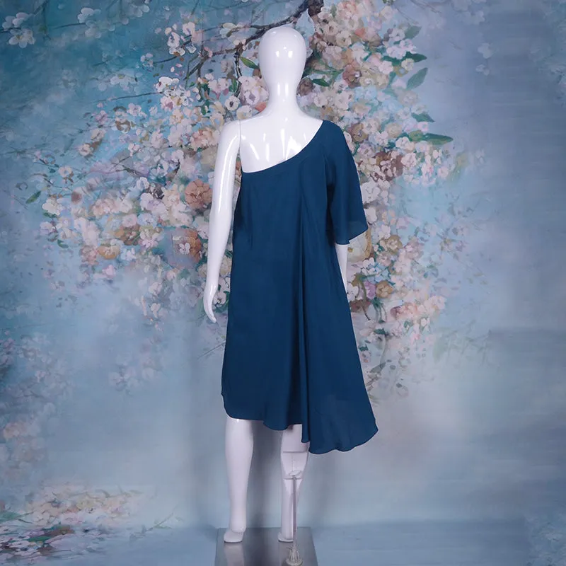 Real Silk Short Sleeve One Shoulder Loose Oversized Flare Beach Casual Dress