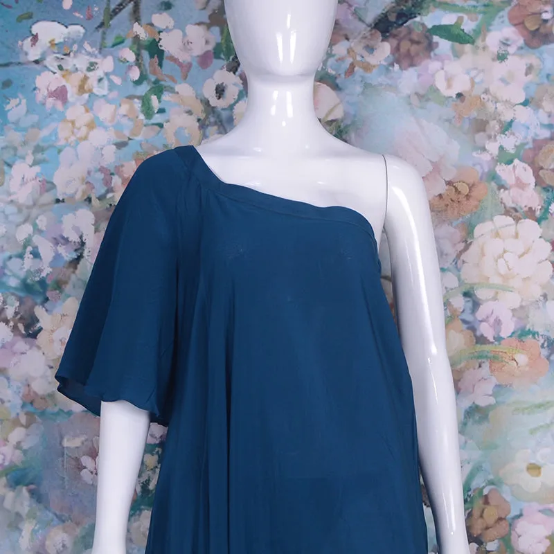 Real Silk Short Sleeve One Shoulder Loose Oversized Flare Beach Casual Dress