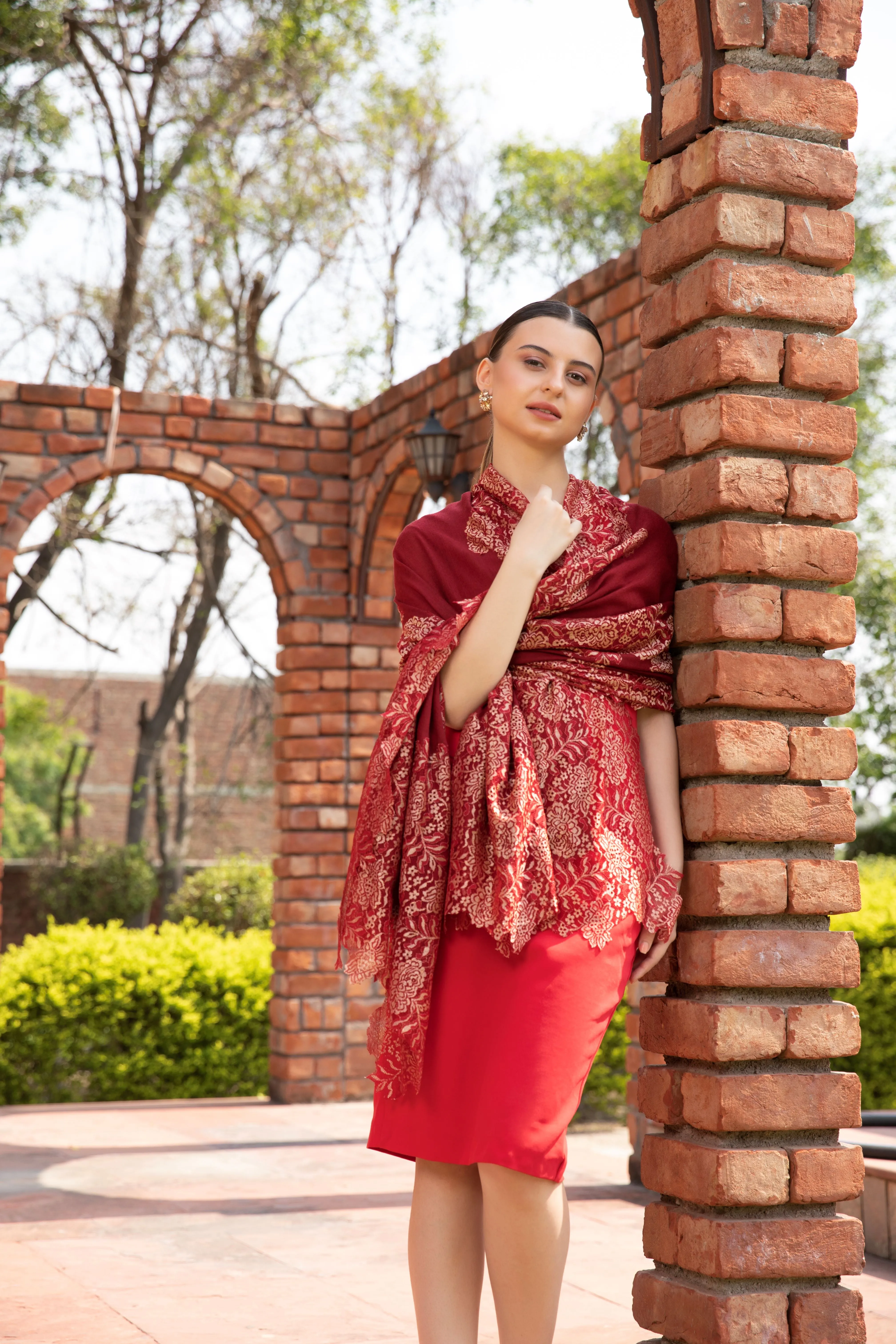 Red Fine wool Shawl with Gold Lace