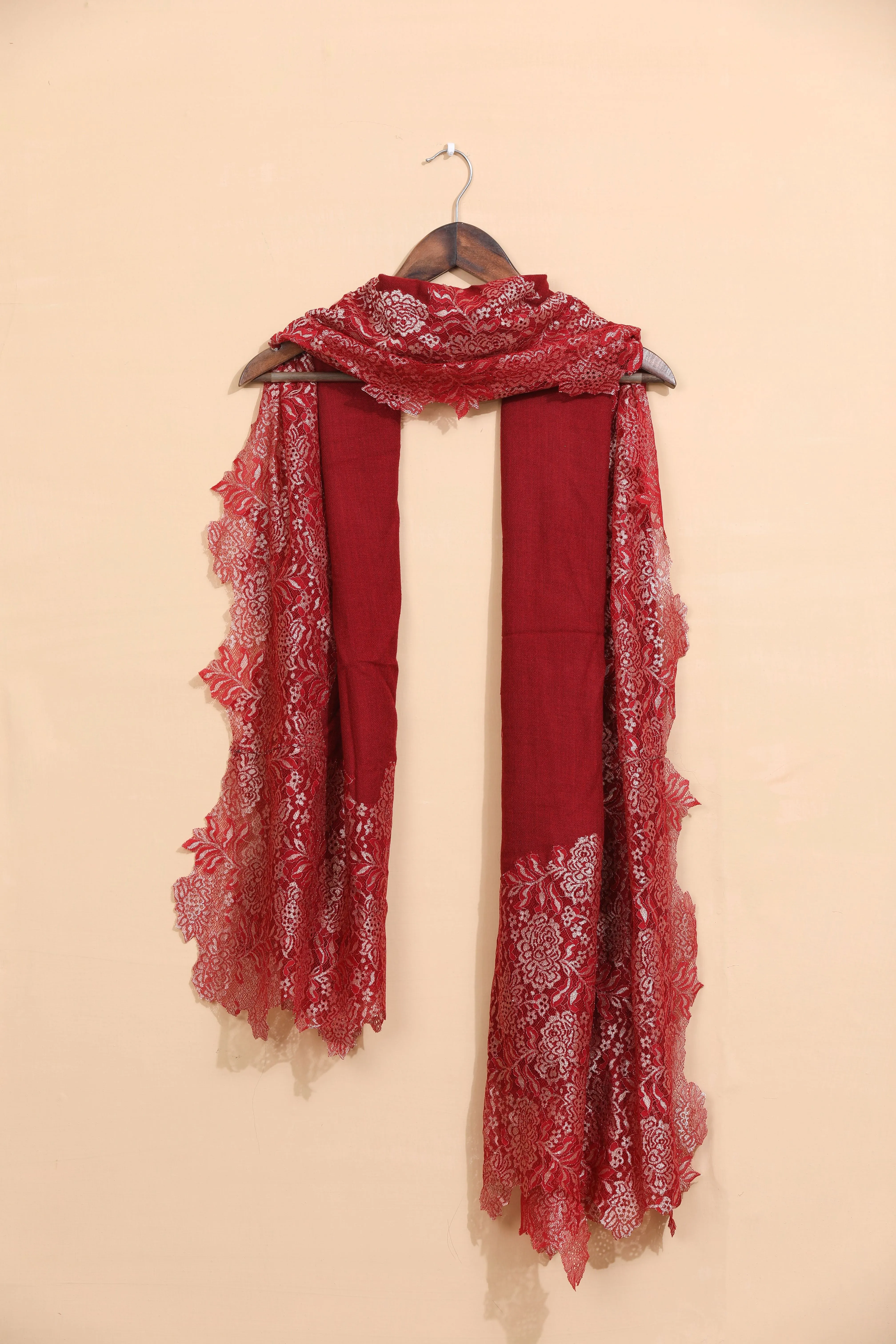 Red Fine wool Shawl with Gold Lace