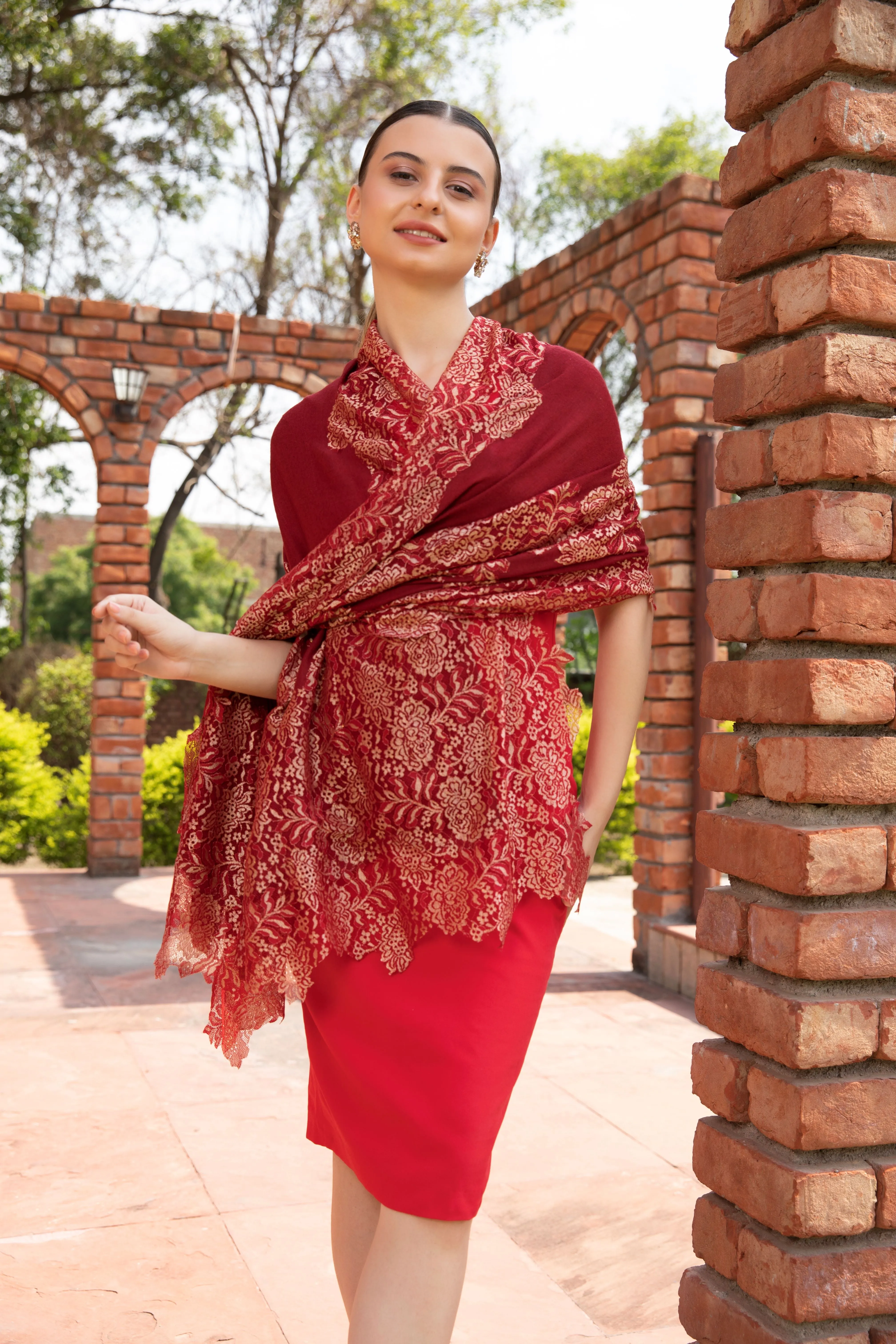 Red Fine wool Shawl with Gold Lace