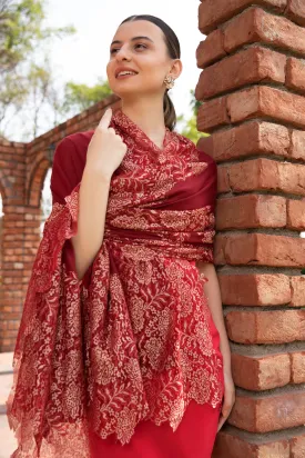 Red Fine wool Shawl with Gold Lace
