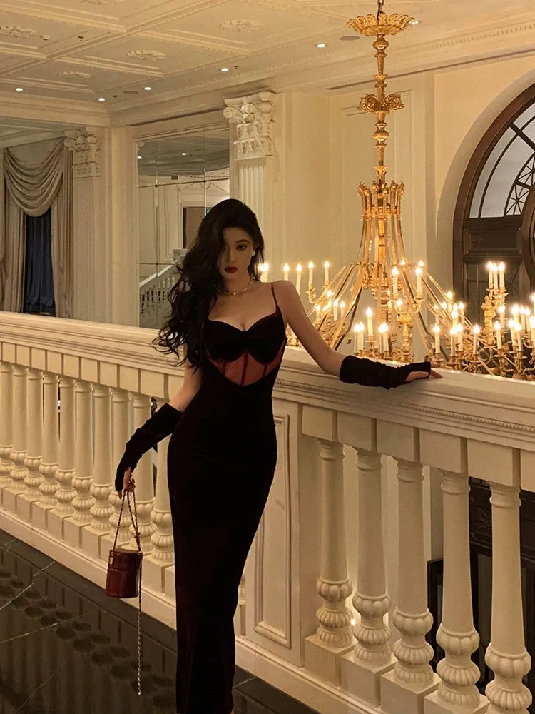 Red velvet suspender dress winter new banquet dress      S5677