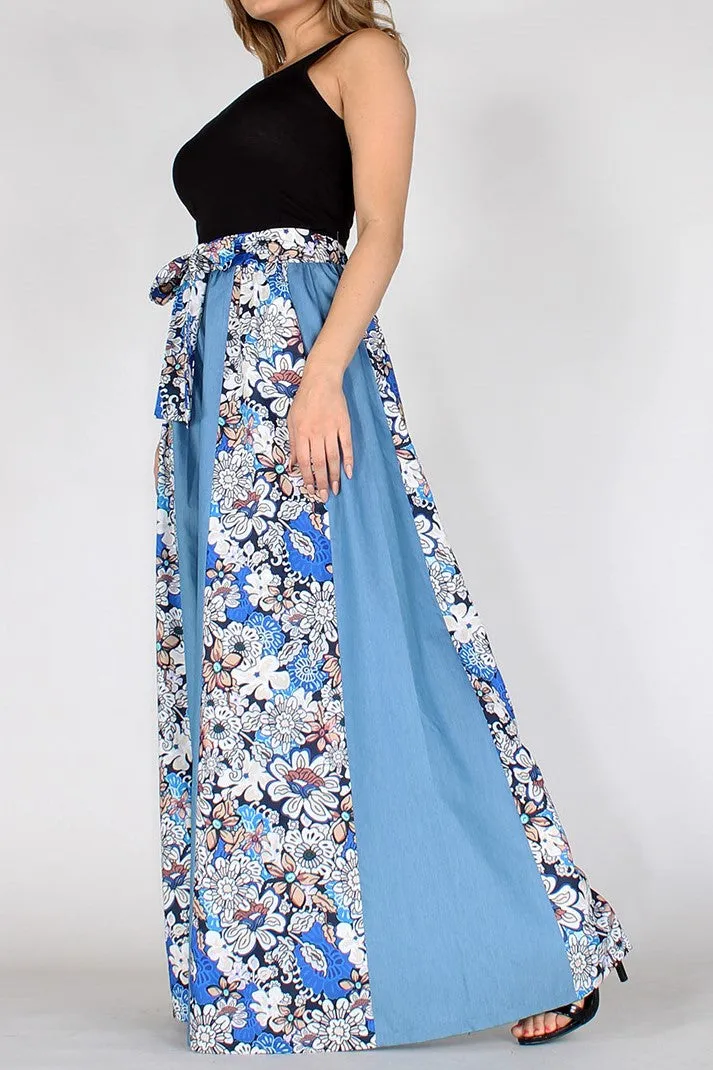 Roxanne’s All Mine Chambray Floral High Waisted Wide Leg Pants