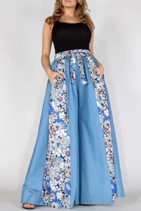 Roxanne’s All Mine Chambray Floral High Waisted Wide Leg Pants