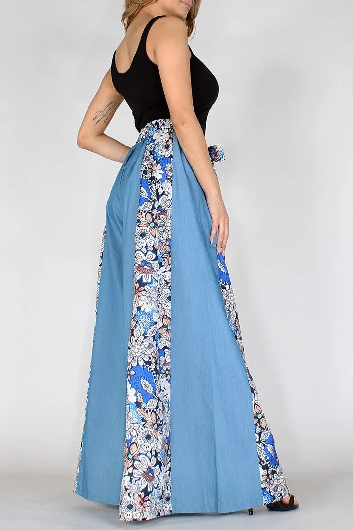 Roxanne’s All Mine Chambray Floral High Waisted Wide Leg Pants