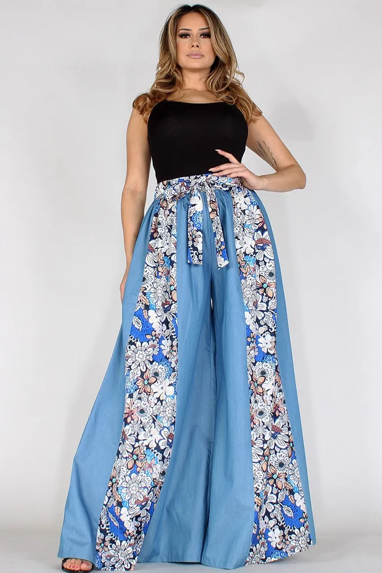 Roxanne’s All Mine Chambray Floral High Waisted Wide Leg Pants