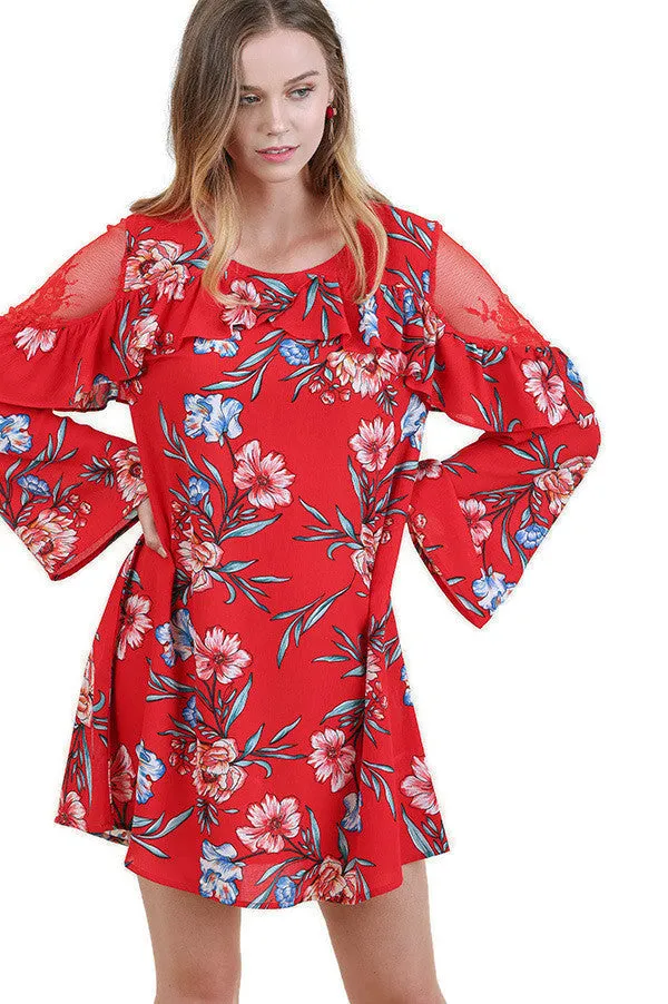 Ruffled Lace Floral Bell Sleeve Dress