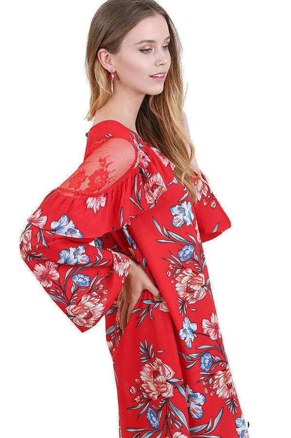 Ruffled Lace Floral Bell Sleeve Dress