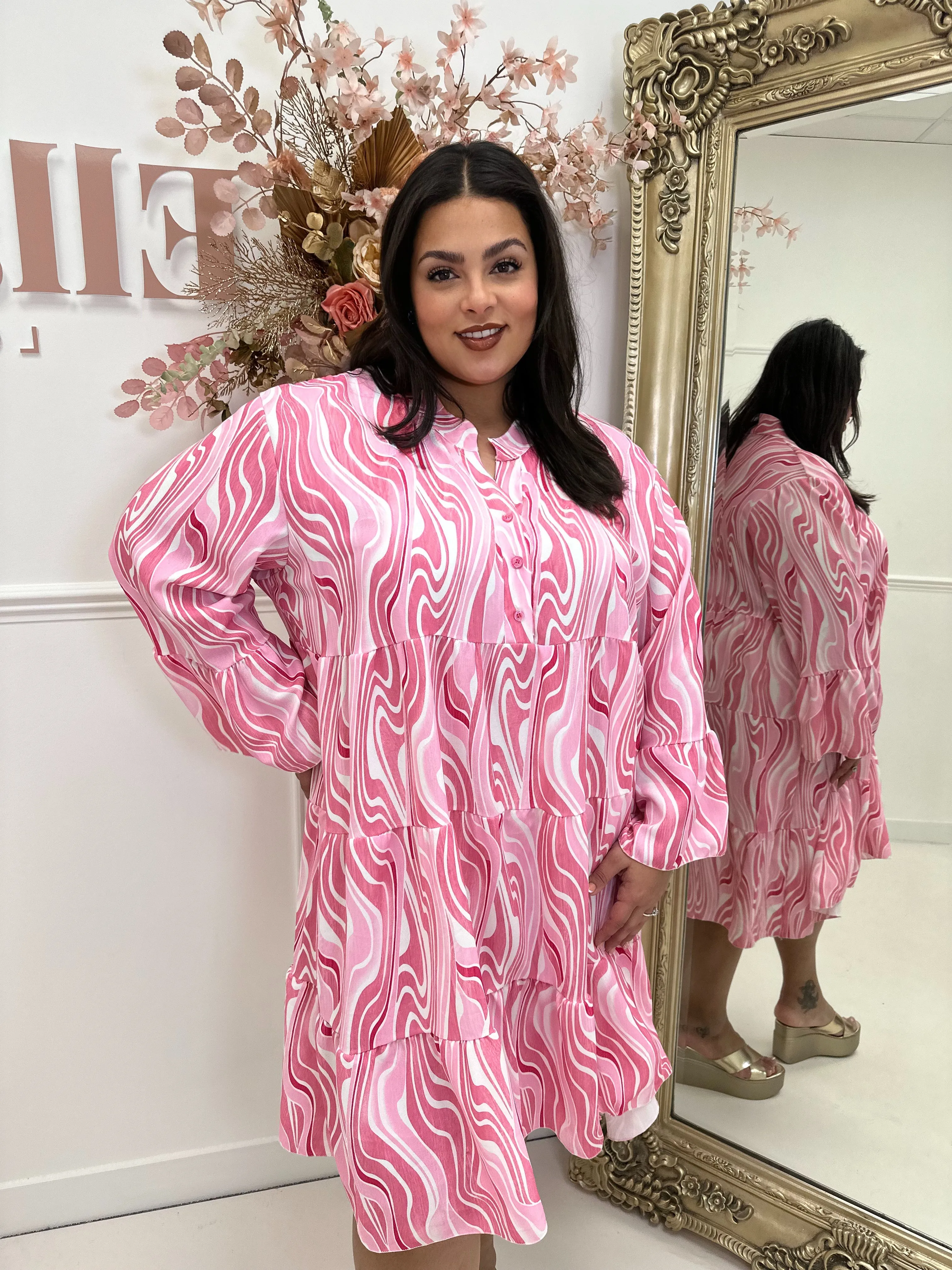 Shakira Swirl Pink Long Sleeve Smock Dress