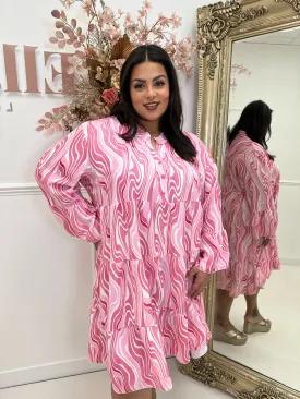 Shakira Swirl Pink Long Sleeve Smock Dress