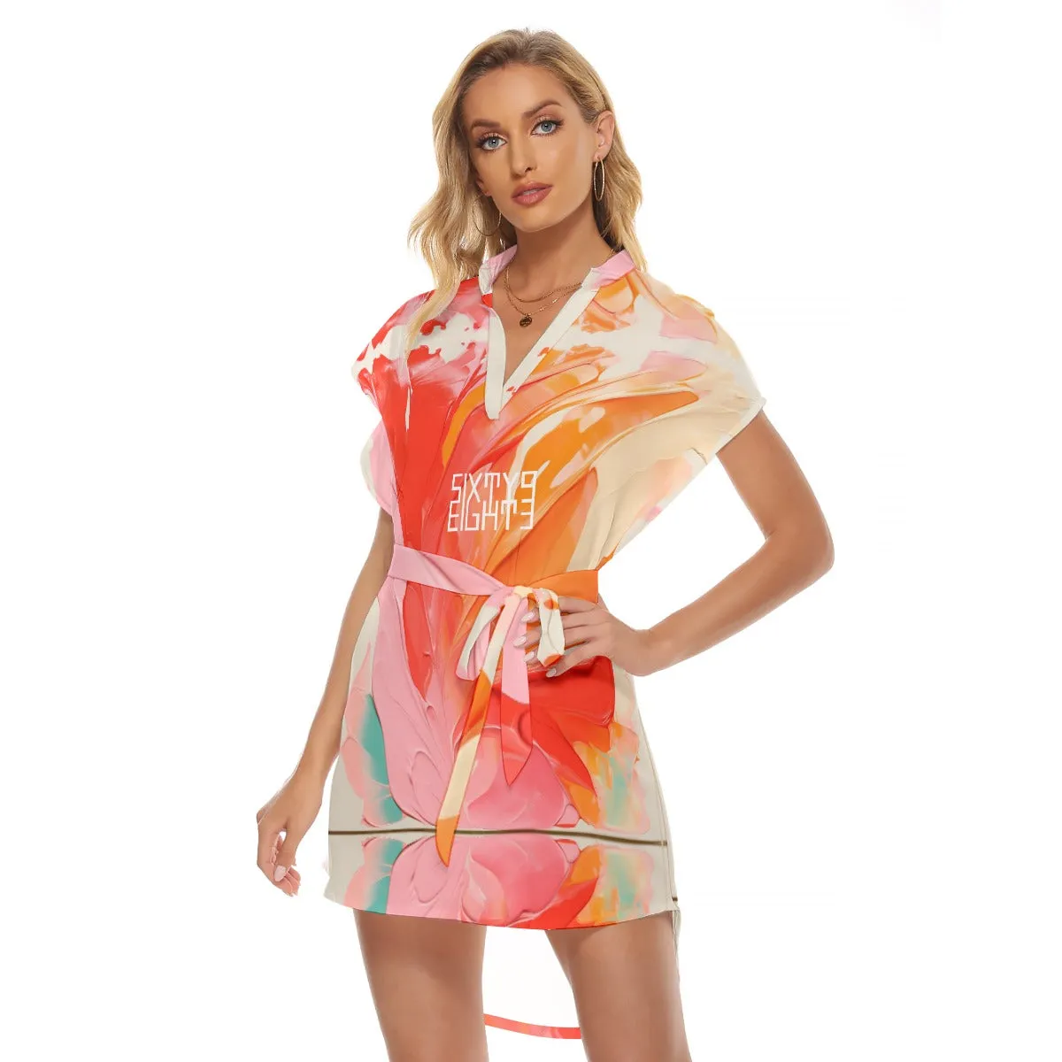 Sixty Eight 93 Logo White Women's Stand-Up Collar Casual Dress With Belt #9