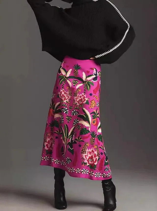 Tropical Animal Plant Print Vintage A-Line Skirt