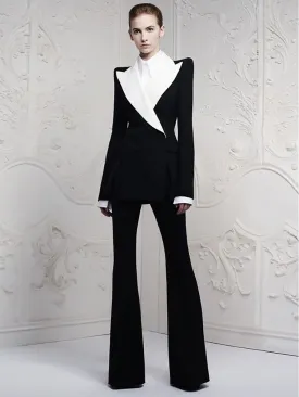 Two Pieces Black Womem Suits With Big White Lapel Business Suits ladies (Jacket Pants)