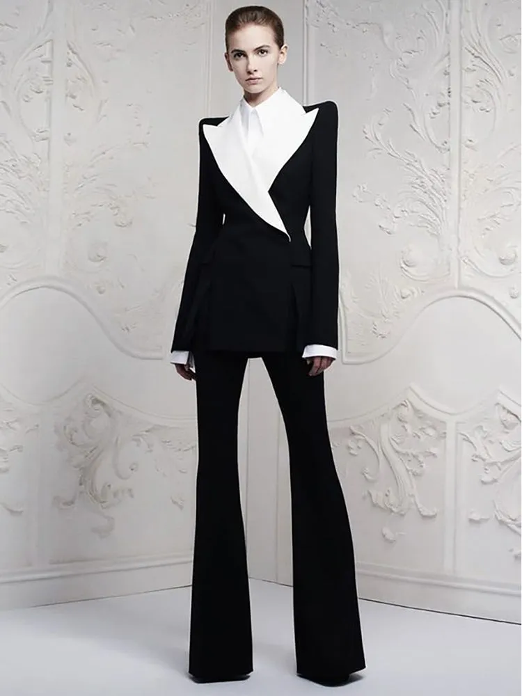 Two Pieces Black Womem Suits With Big White Lapel Business Suits ladies (Jacket Pants)