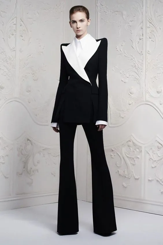 Two Pieces Black Womem Suits With Big White Lapel Business Suits ladies (Jacket Pants)