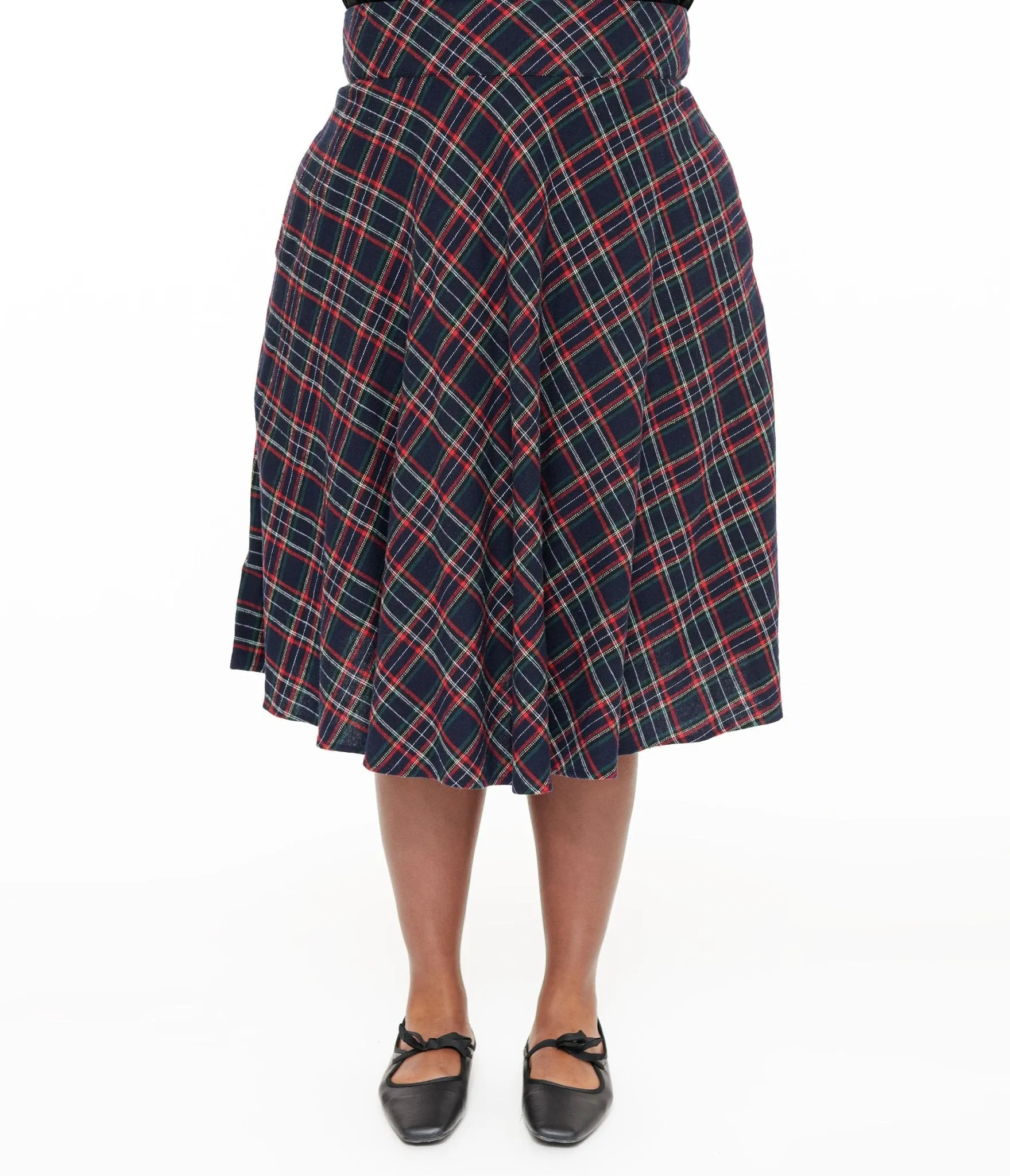 Unique Vintage Plus Size 1950s Navy & Green Plaid High Waist Vivien Swing Skirt