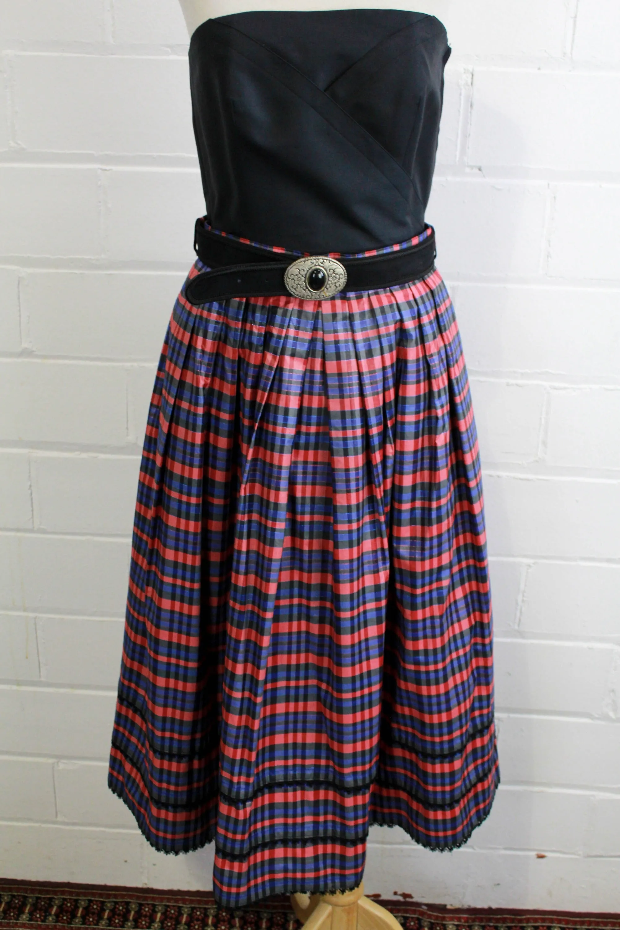 Vintage 1980s Austrian Red and Blue Plaid Dirndl Skirt, Medium