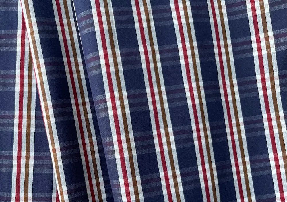 Vintage-Inspired Indigo, Barn Red, Umber & White Plaid Cotton Poplin Shirting (Made in Italy)
