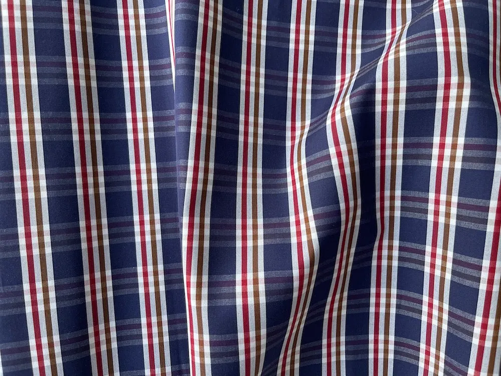 Vintage-Inspired Indigo, Barn Red, Umber & White Plaid Cotton Poplin Shirting (Made in Italy)