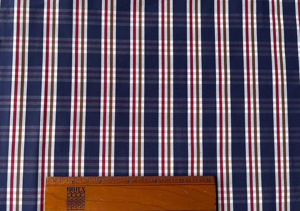 Vintage-Inspired Indigo, Barn Red, Umber & White Plaid Cotton Poplin Shirting (Made in Italy)