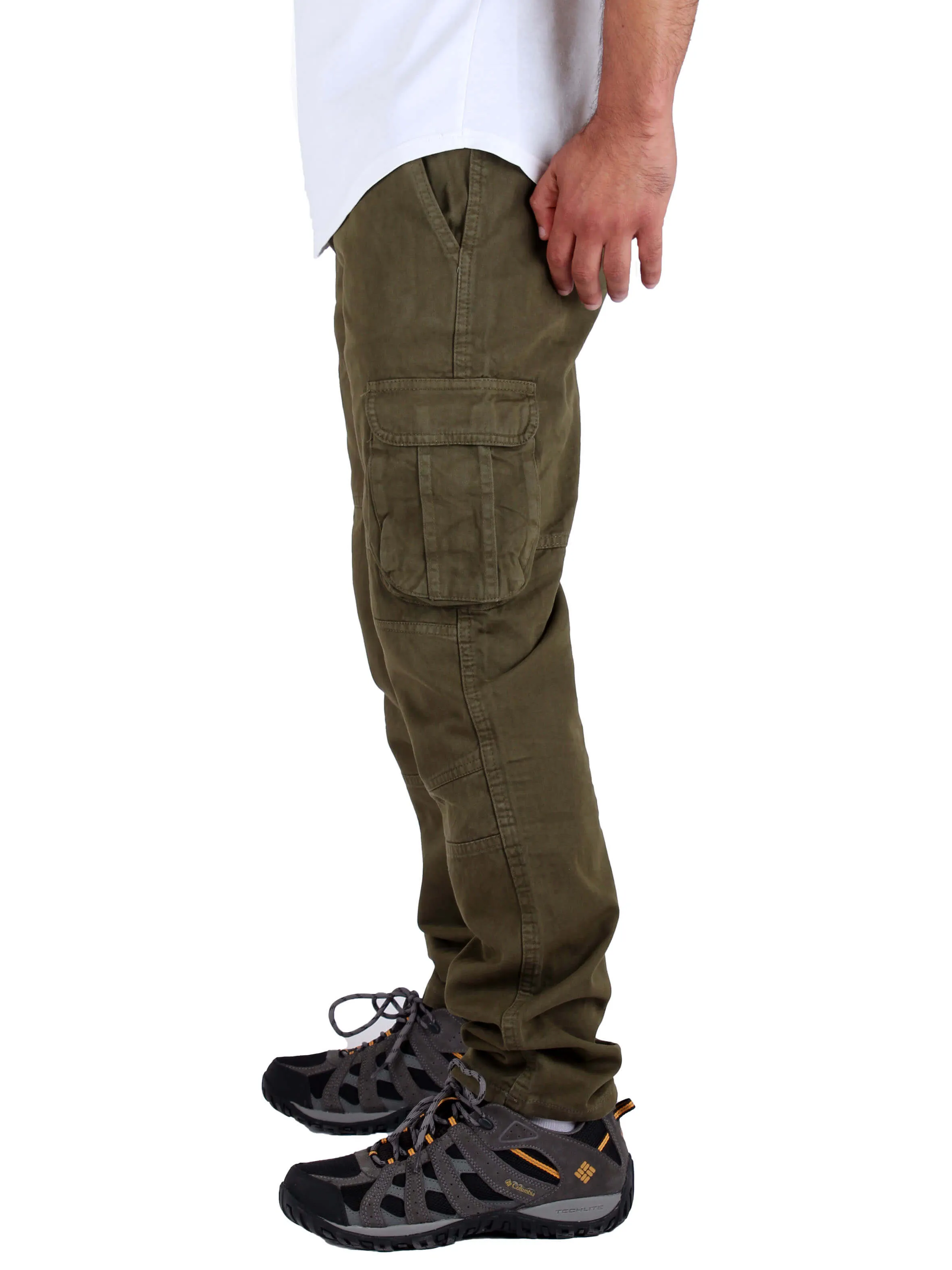 Washed Cargo Pants With Elastic Waist Unisex  - Olive Green