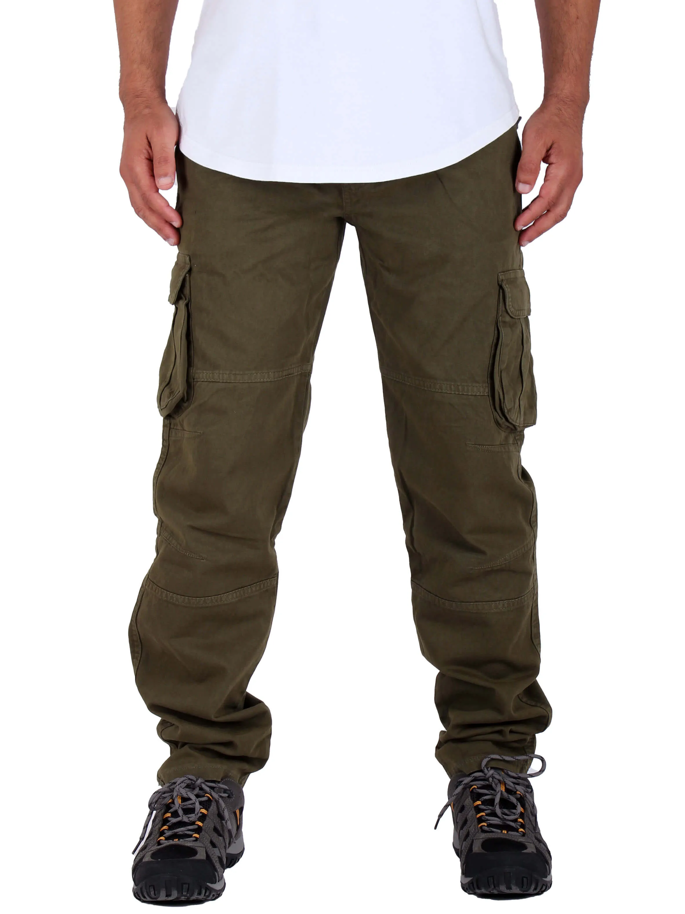 Washed Cargo Pants With Elastic Waist Unisex  - Olive Green