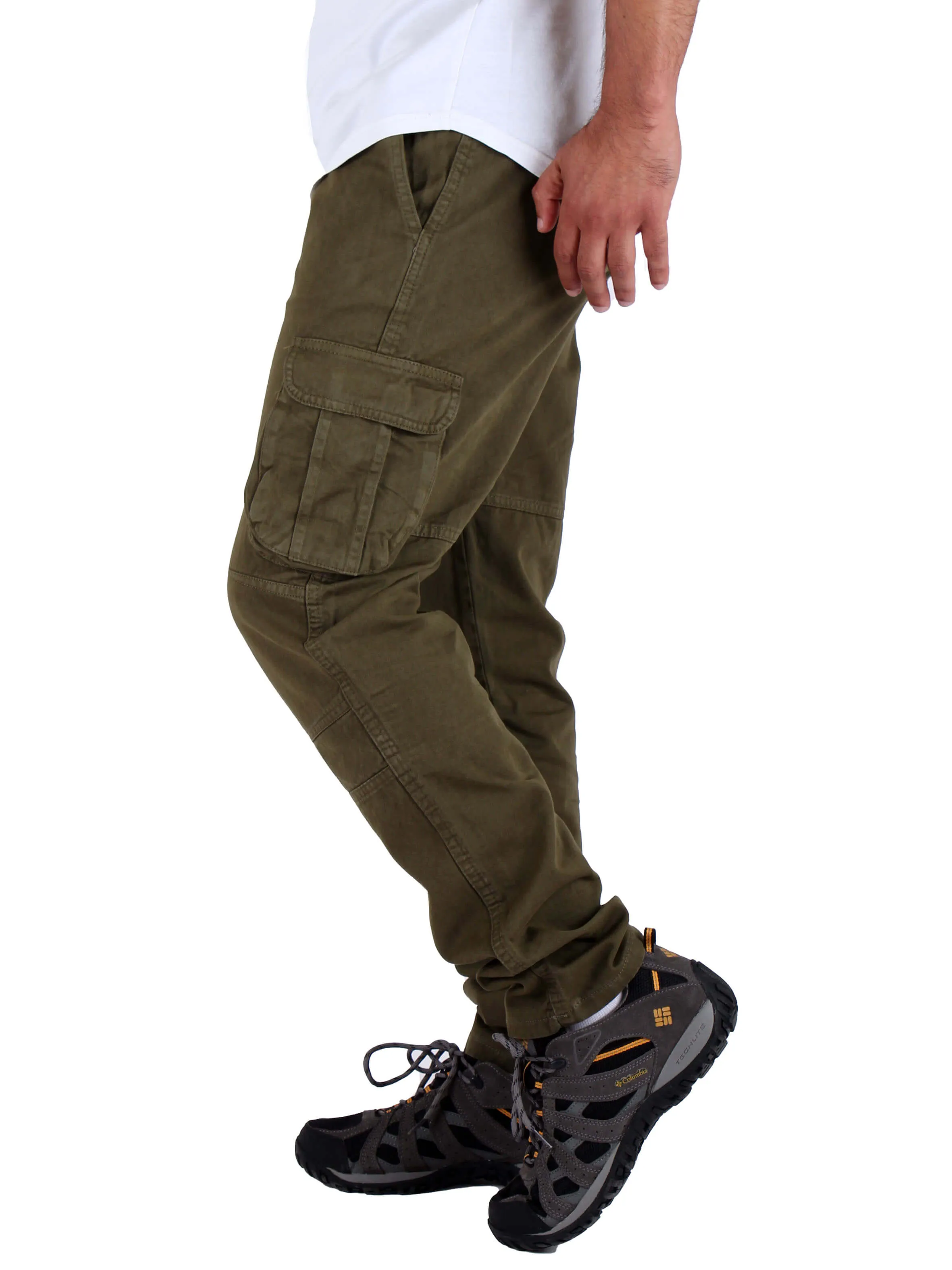 Washed Cargo Pants With Elastic Waist Unisex  - Olive Green