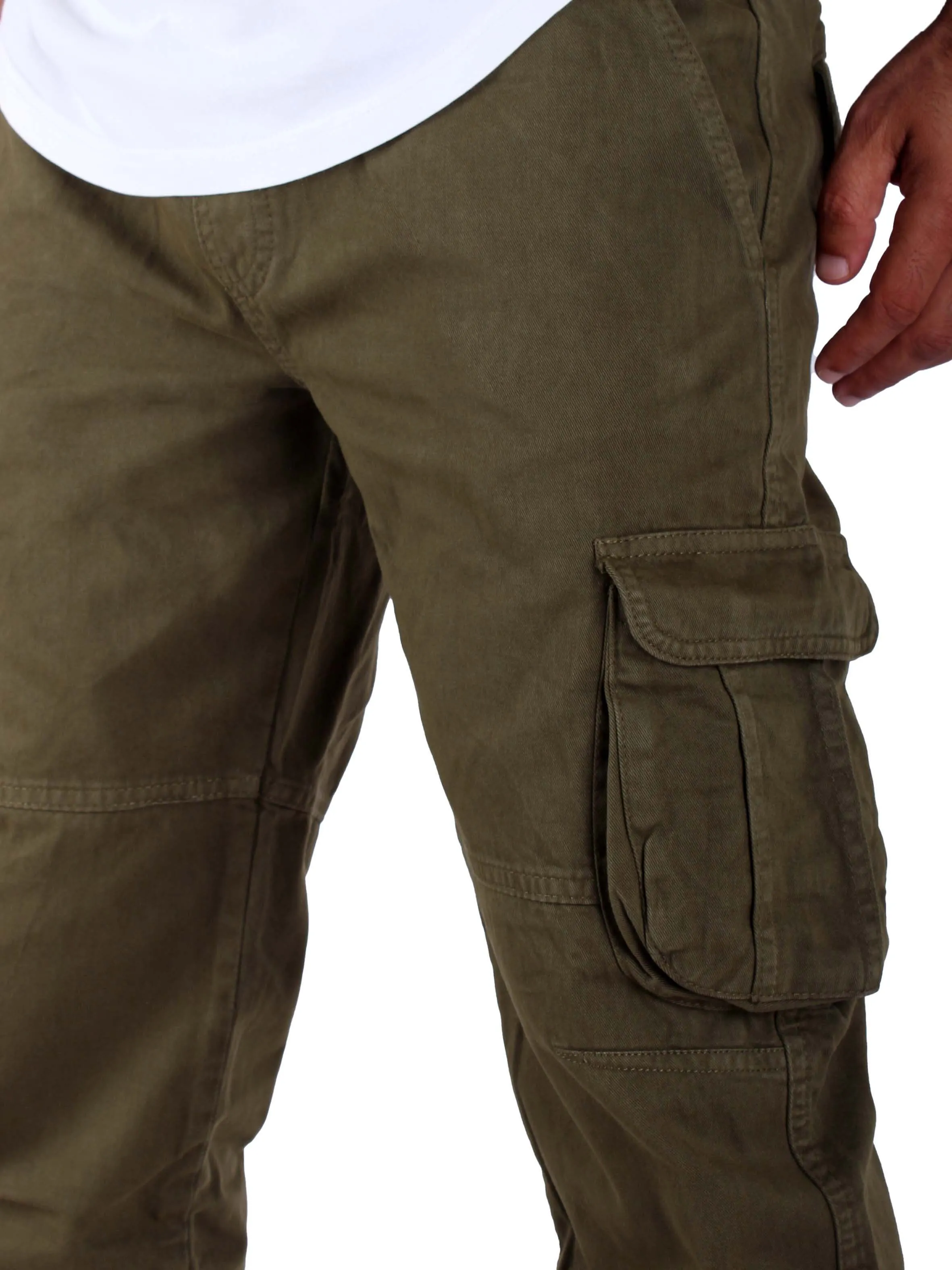 Washed Cargo Pants With Elastic Waist Unisex  - Olive Green