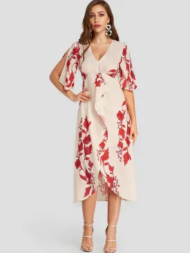 Wholesale Apricot V-Neck Floral Print Slit Hem Dresses