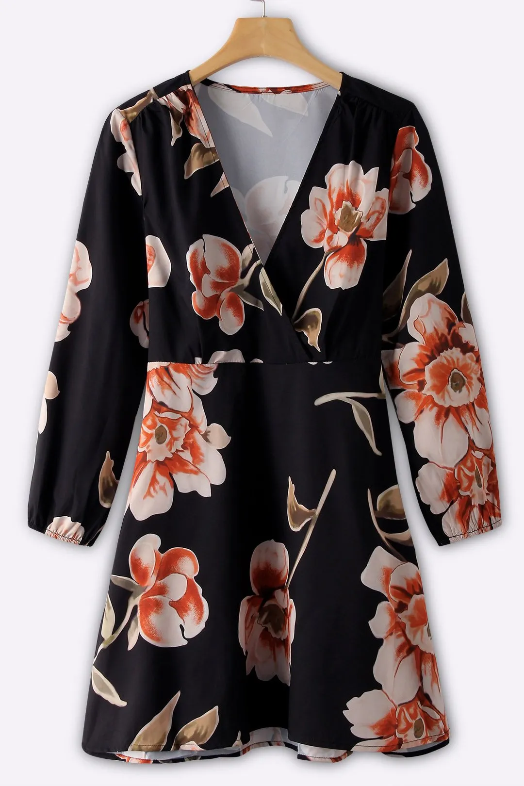 Wholesale Black V-Neck Long Sleeve Floral Print Lace-Up Wrap Dresses
