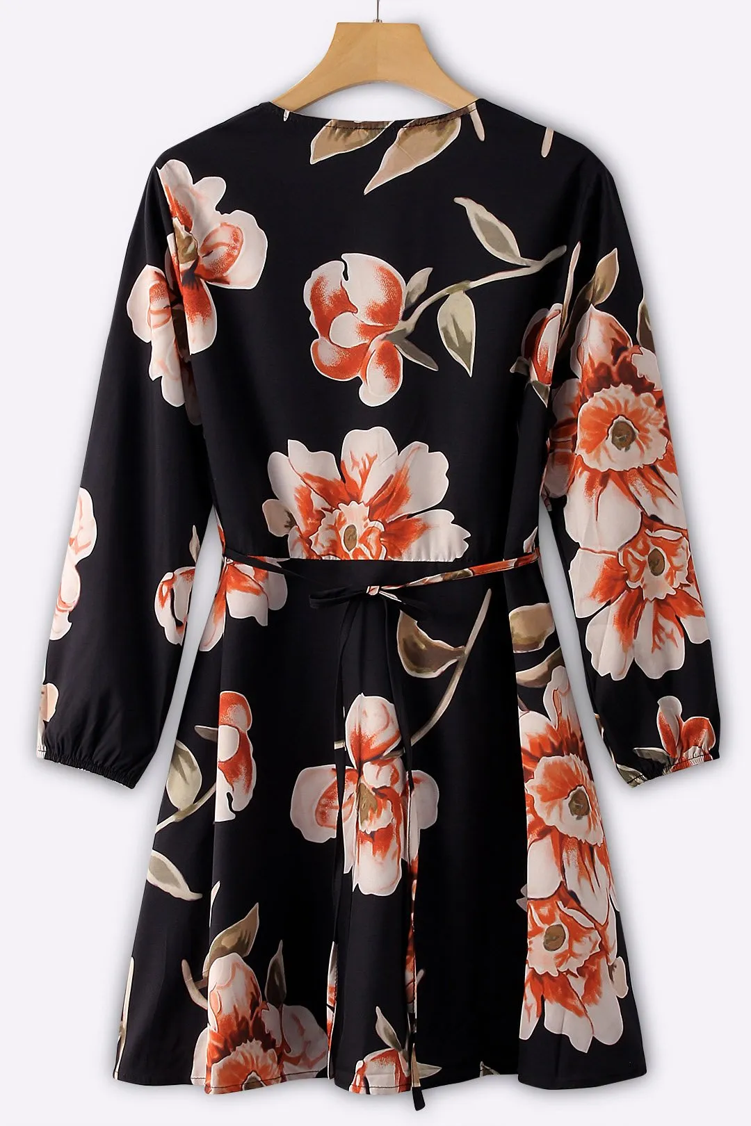 Wholesale Black V-Neck Long Sleeve Floral Print Lace-Up Wrap Dresses