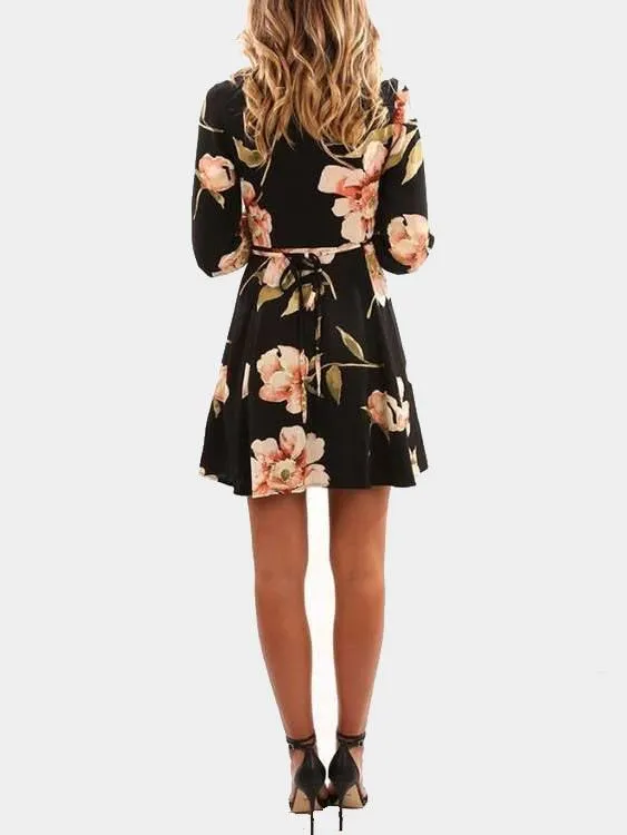 Wholesale Black V-Neck Long Sleeve Floral Print Lace-Up Wrap Dresses