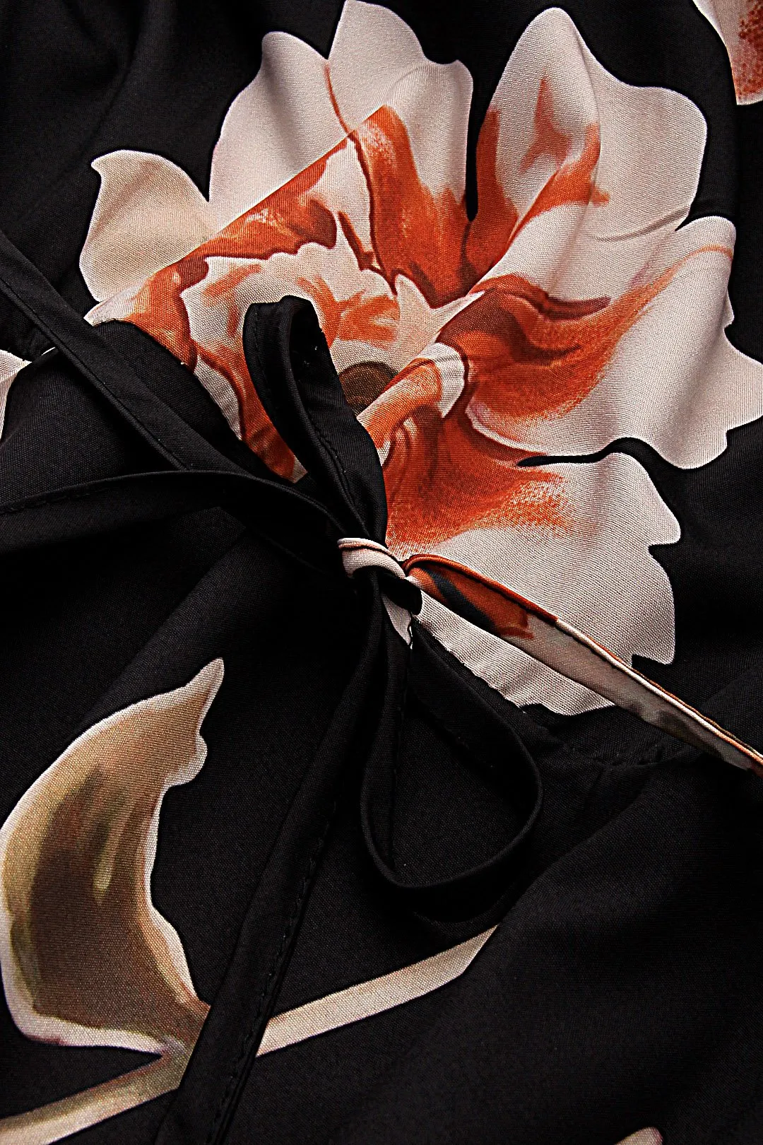 Wholesale Black V-Neck Long Sleeve Floral Print Lace-Up Wrap Dresses