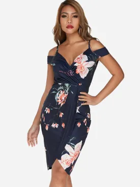 Wholesale Navy Cold Shoulder Deep V Neck Sleeveless Floral Print Crossed Front Slit Hem Dresses