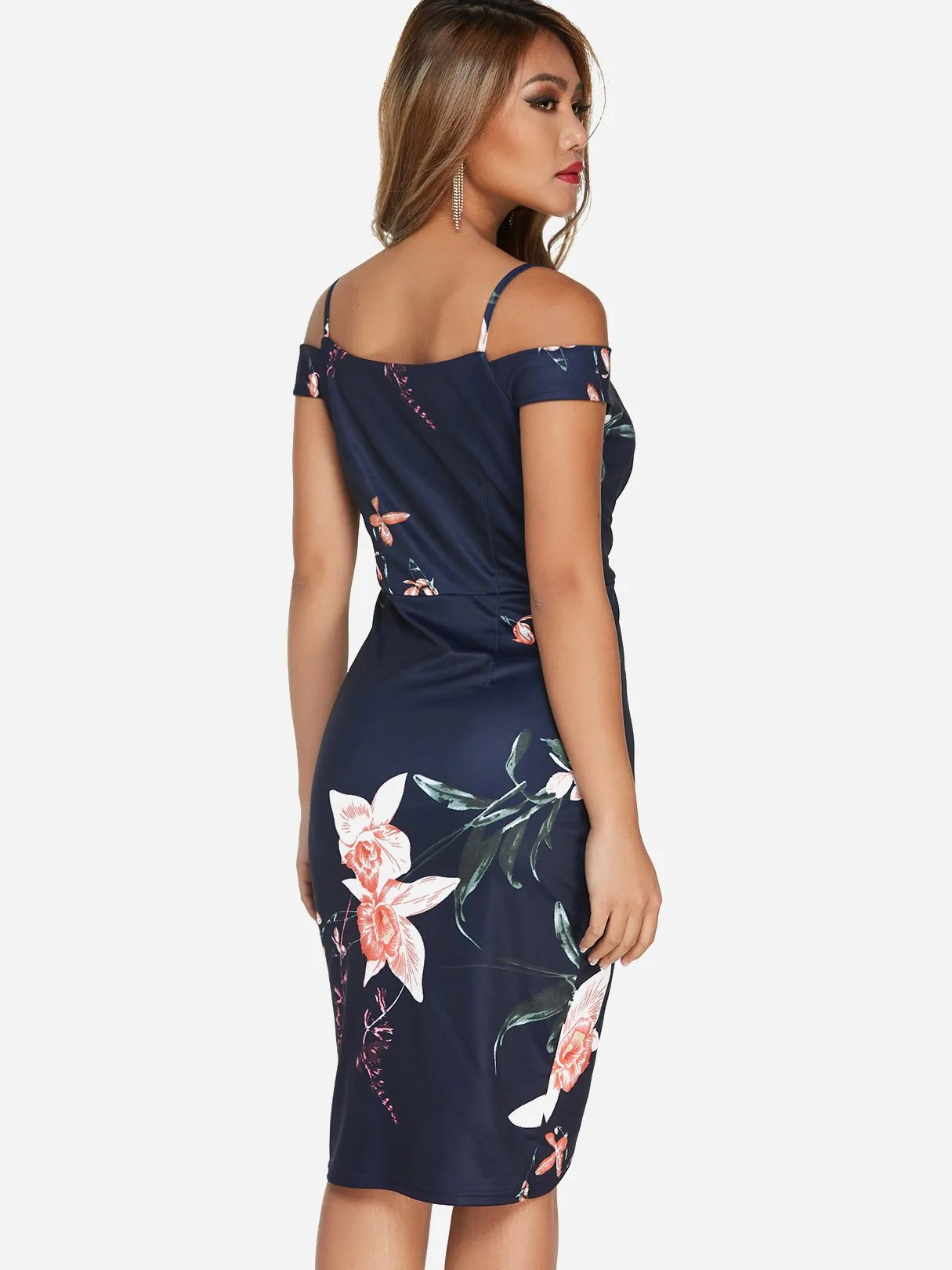 Wholesale Navy Cold Shoulder Deep V Neck Sleeveless Floral Print Crossed Front Slit Hem Dresses