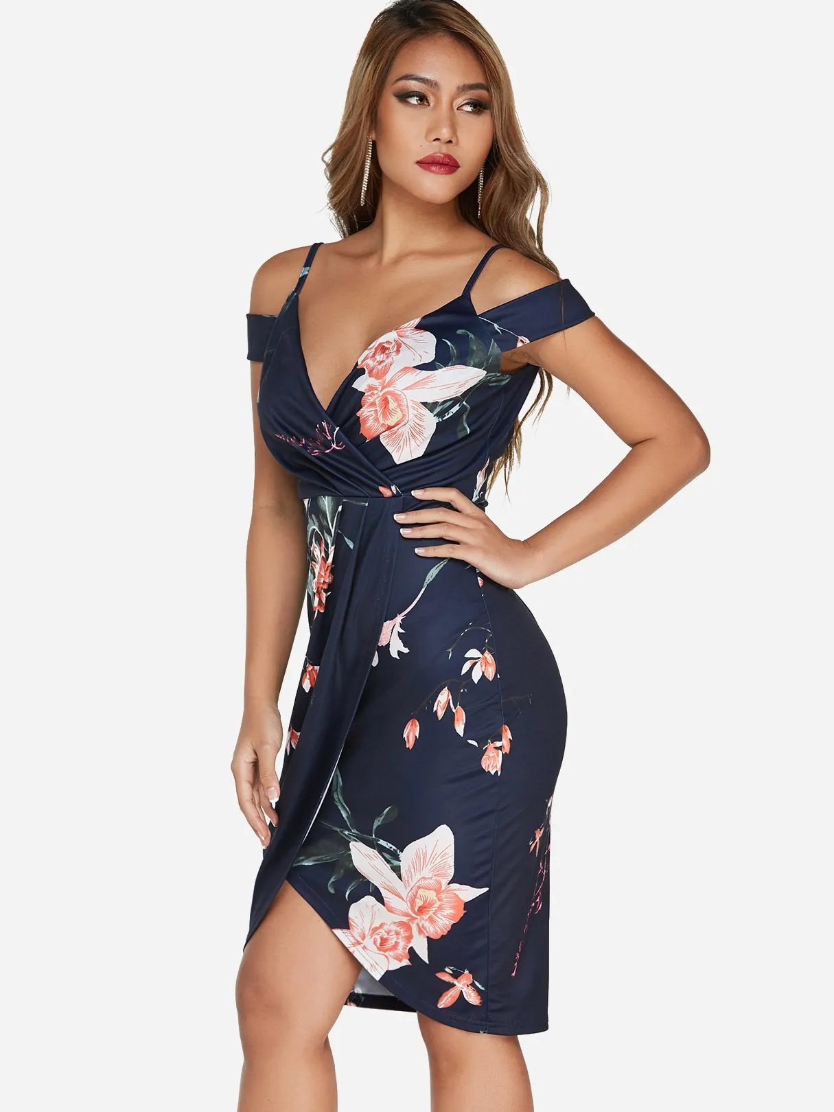 Wholesale Navy Cold Shoulder Deep V Neck Sleeveless Floral Print Crossed Front Slit Hem Dresses