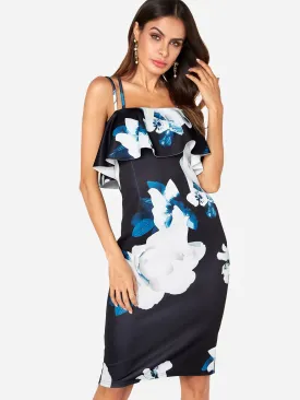 Wholesale Navy Sleeveless Floral Print Backless Spaghetti Strap Criss-Cross Dresses