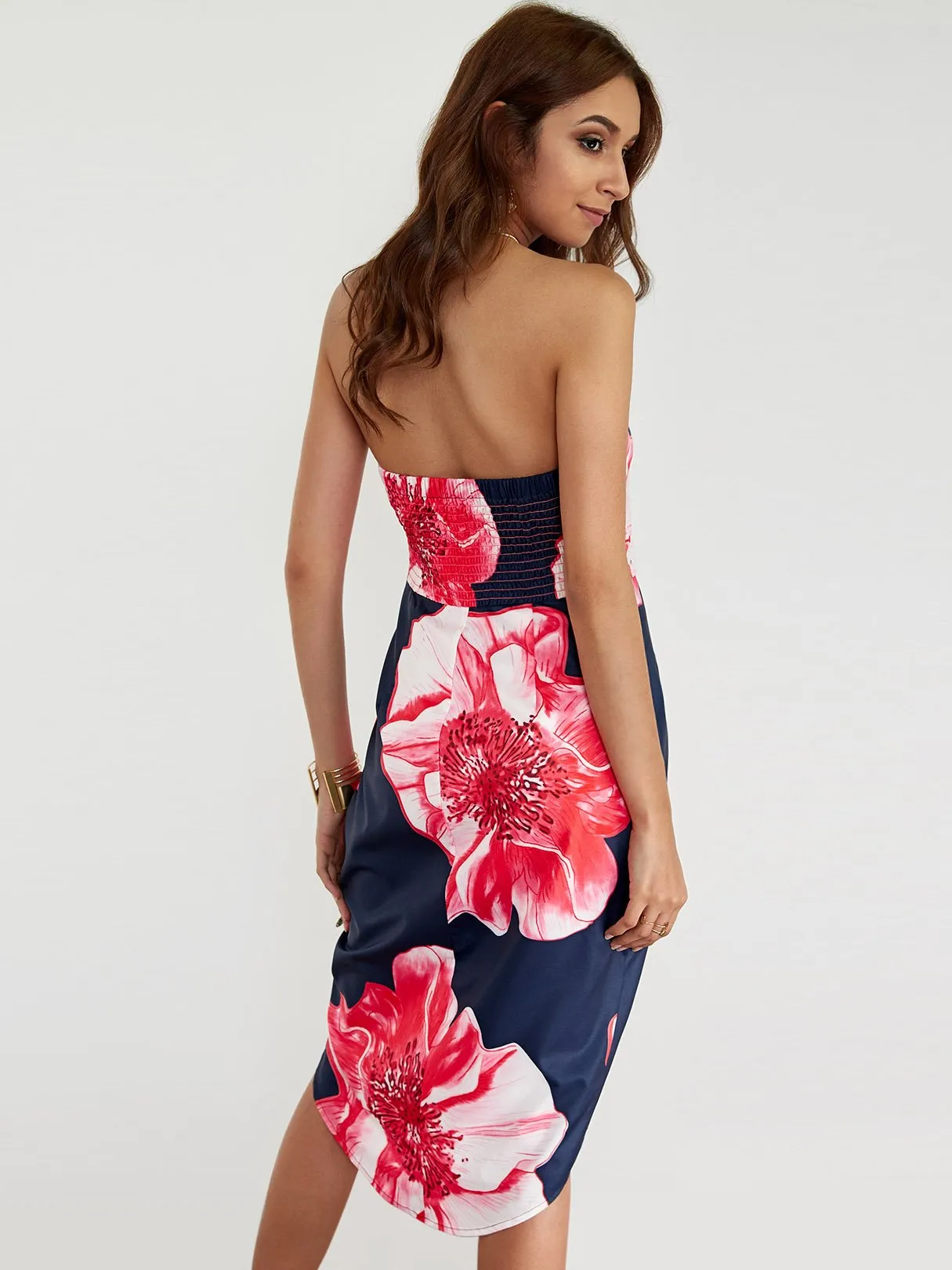 Wholesale Navy Strapless Sleeveless Floral Print Crossed Front Irregular Hem Dresses