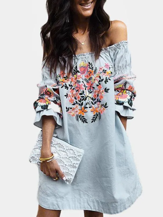 Wholesale Off The Shoulder 3/4 Sleeve Length Floral Print Dresses
