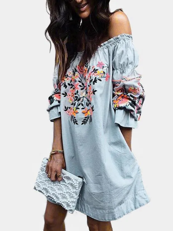 Wholesale Off The Shoulder 3/4 Sleeve Length Floral Print Dresses