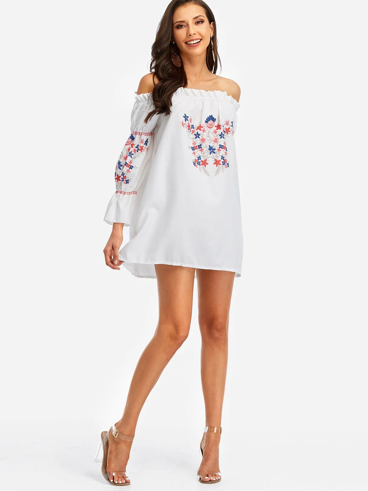Wholesale Off The Shoulder 3/4 Sleeve Length Floral Print Dresses